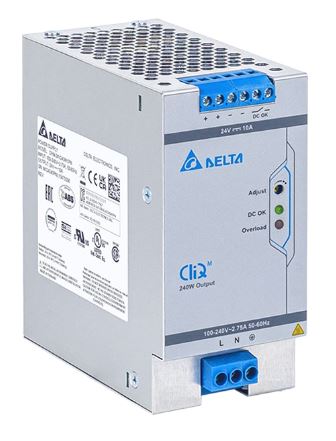 DRM-24V240W1PN
Delta DRM240W-Series industrial 240W DIN-Rail power supply